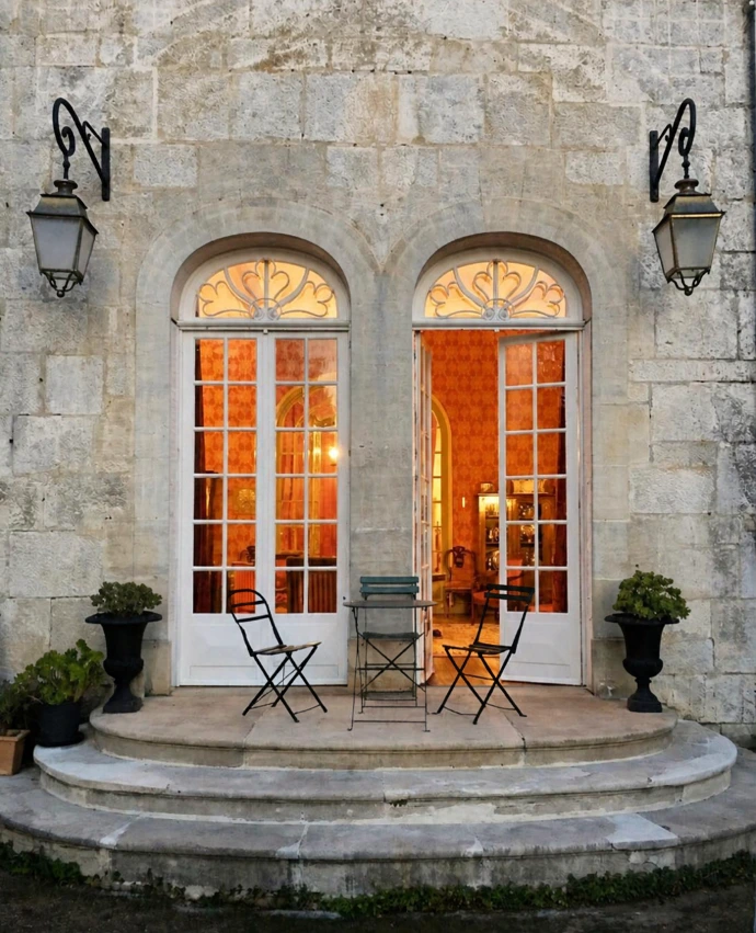 entrée double porte fenêtre du château dans un grand salon, accessible par un escalier en pierre rond