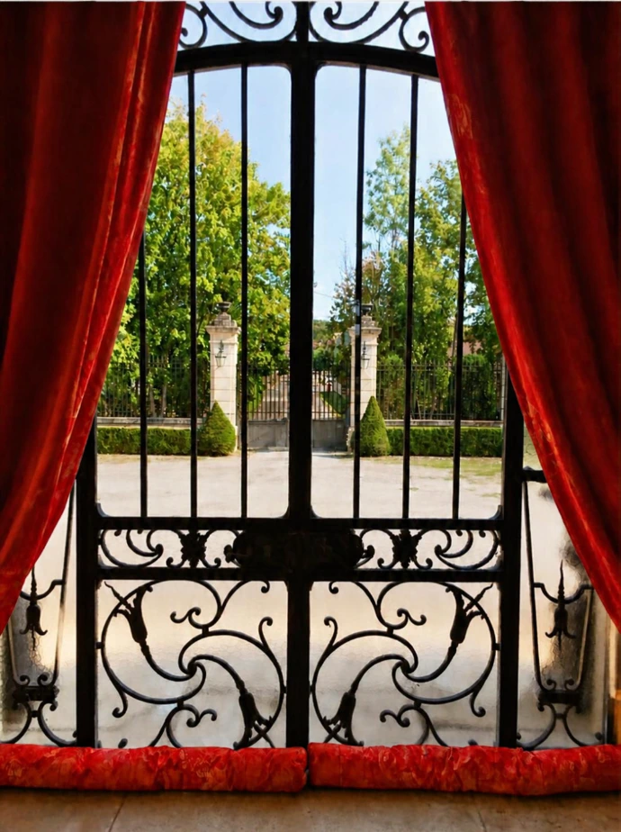 vue de l'intérieur de la porte principale en fer forgée noir et vitre transparente donnant une magnifique perspective sur la grille du château et son mur d'enceinte