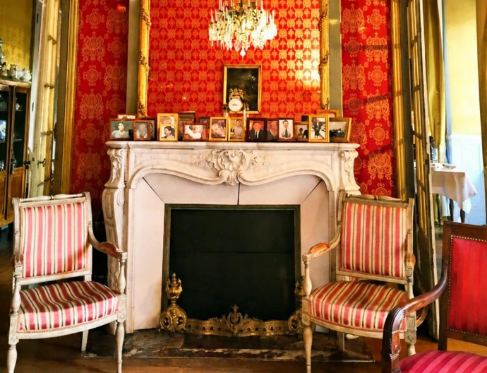 vue intérieure d'une cheminée ancienne en pierre, de part et d'autre deux beaux fauteuils d'époque raillés de roge, tapisserie murale rouge et or