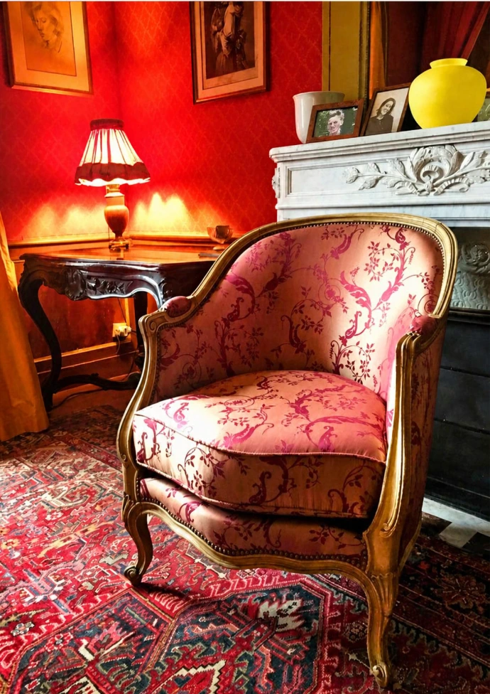 intérieur du château, tenture rouge foncée, luminaire sur petite table, fauteuil, cheminée avec des portrait de famille